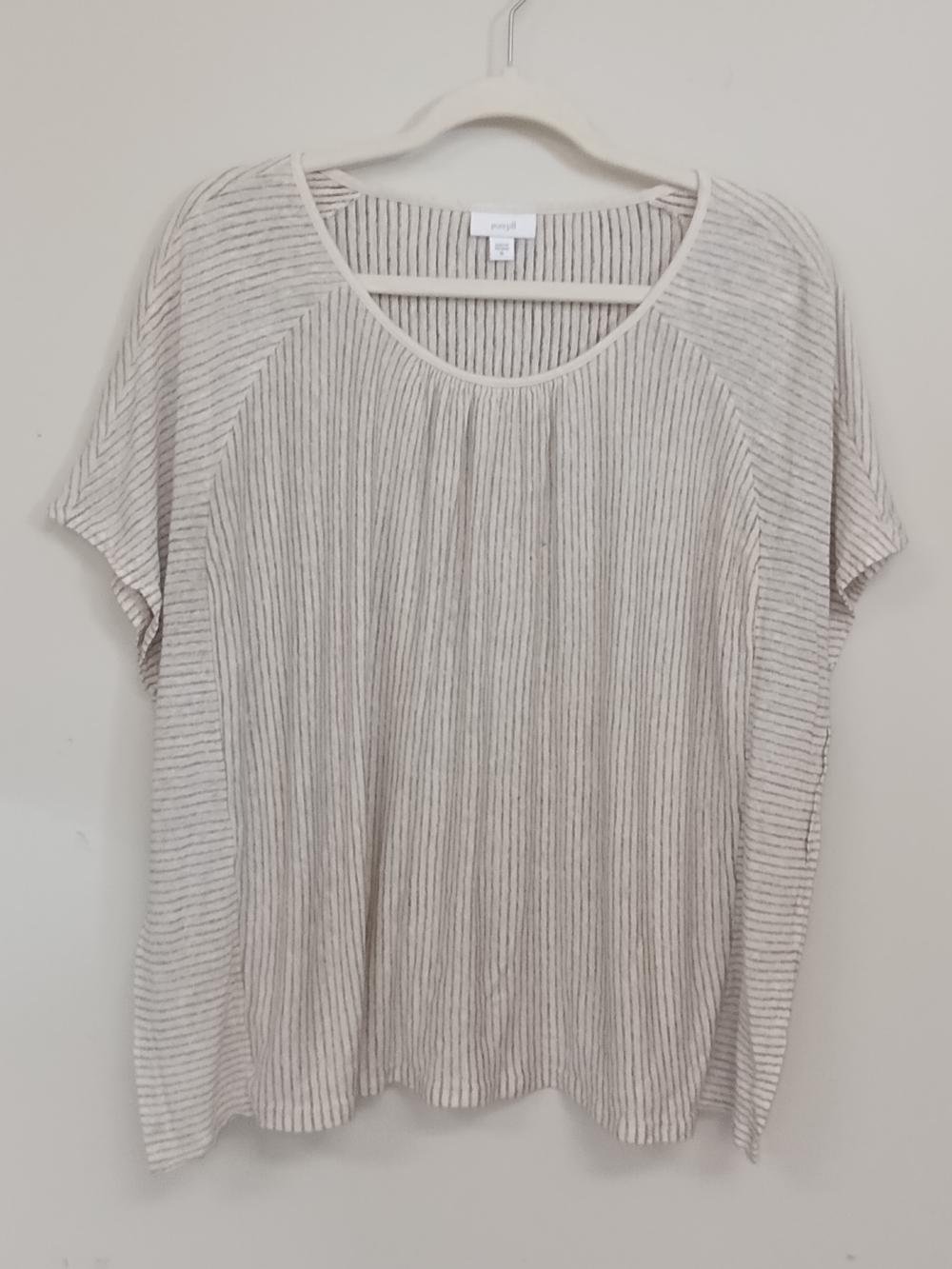 PureJill Linen Blend Scoop Neck Lightweight Ivory Gray Striped Poncho Top XL